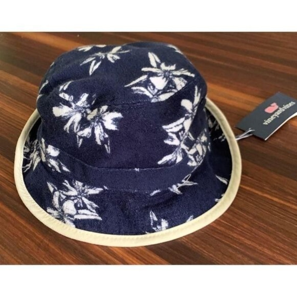 Vineyard Vines Terry Reversible Bucket Hat Navy Floral‎ White 1F001806 S/M NWT